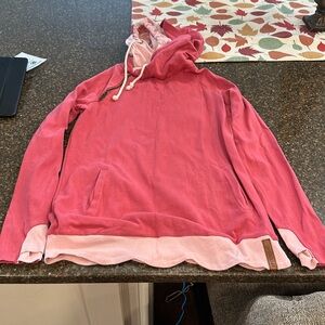 Ampersand double hood sweatshirt.  Size medium.  pink shades. scallop bottom.